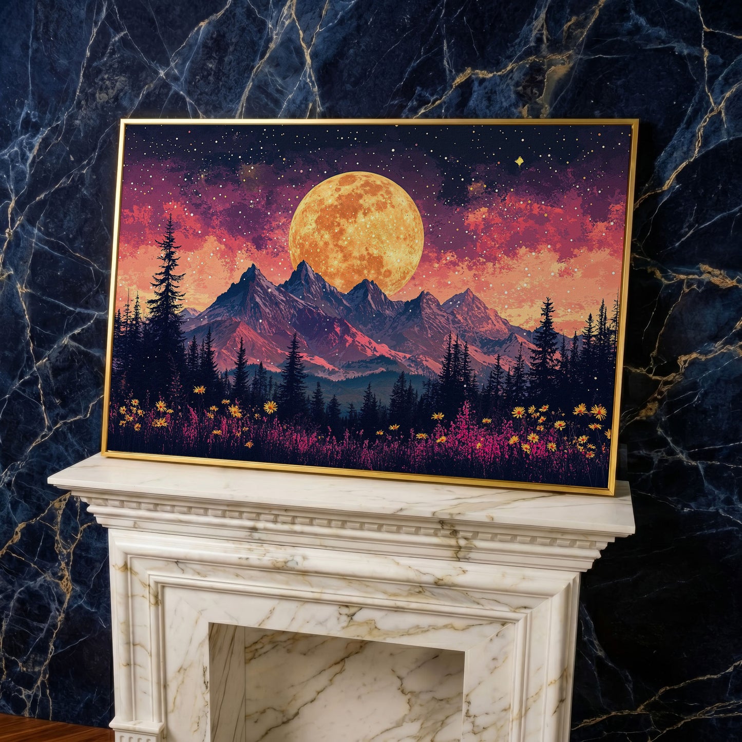 Pink Starry Moonlit Mountain Landscape Canvas in yellow gold floating frame