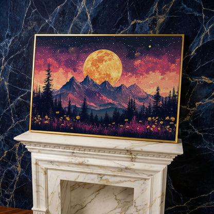 Pink Starry Moonlit Mountain Landscape Canvas in yellow gold floating frame