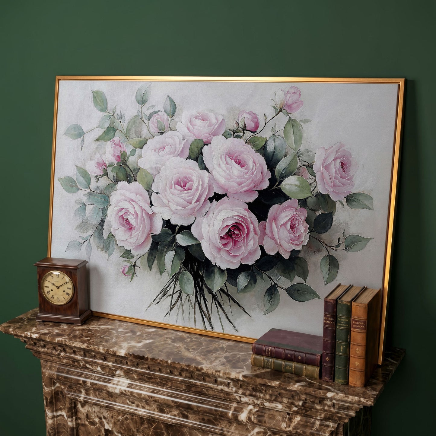 Pink Roses in Bloom Canvas Print in antique gold floating frame