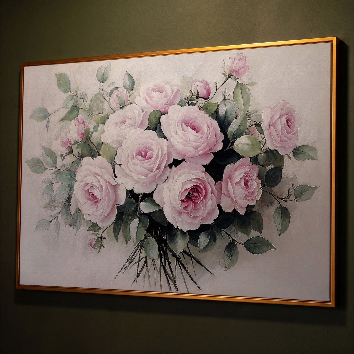 Pink Roses in Bloom Canvas Print shown in antique gold floating frame