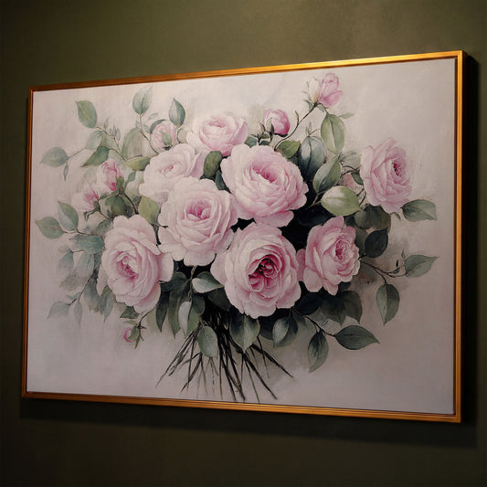 Pink Roses in Bloom Canvas Print shown in antique gold floating frame
