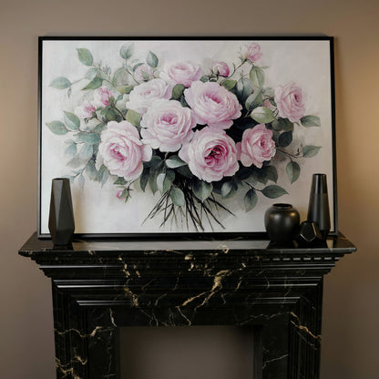 Pink Roses in Bloom Canvas Print in black floating frame