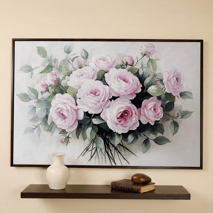 Pink Roses in Bloom Canvas Print in dark walnut floating frame