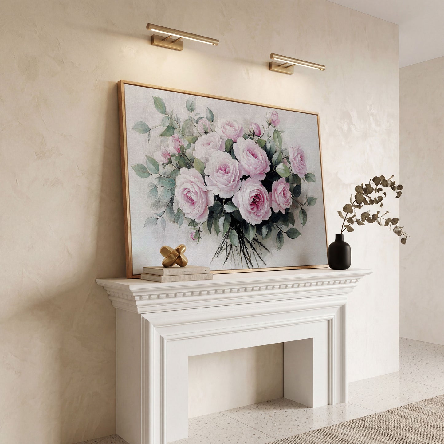 Pink Roses in Bloom Canvas Print in white oak floating frame