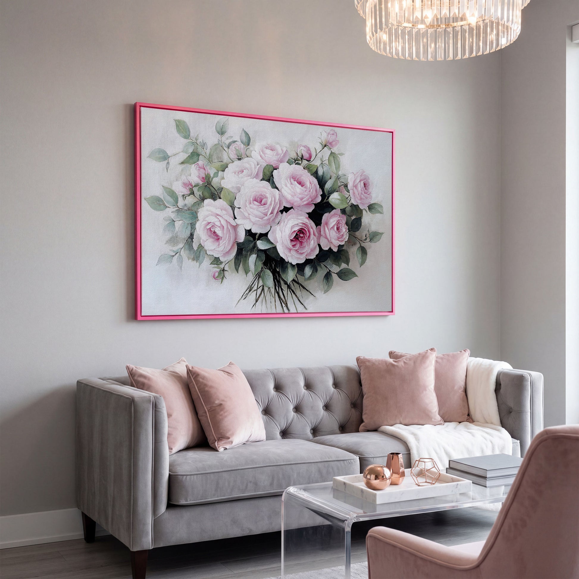 Pink Roses in Bloom Canvas Print in pink floating frame