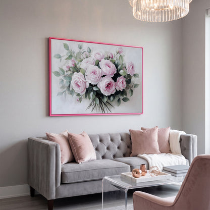 Pink Roses in Bloom Canvas Print in pink floating frame