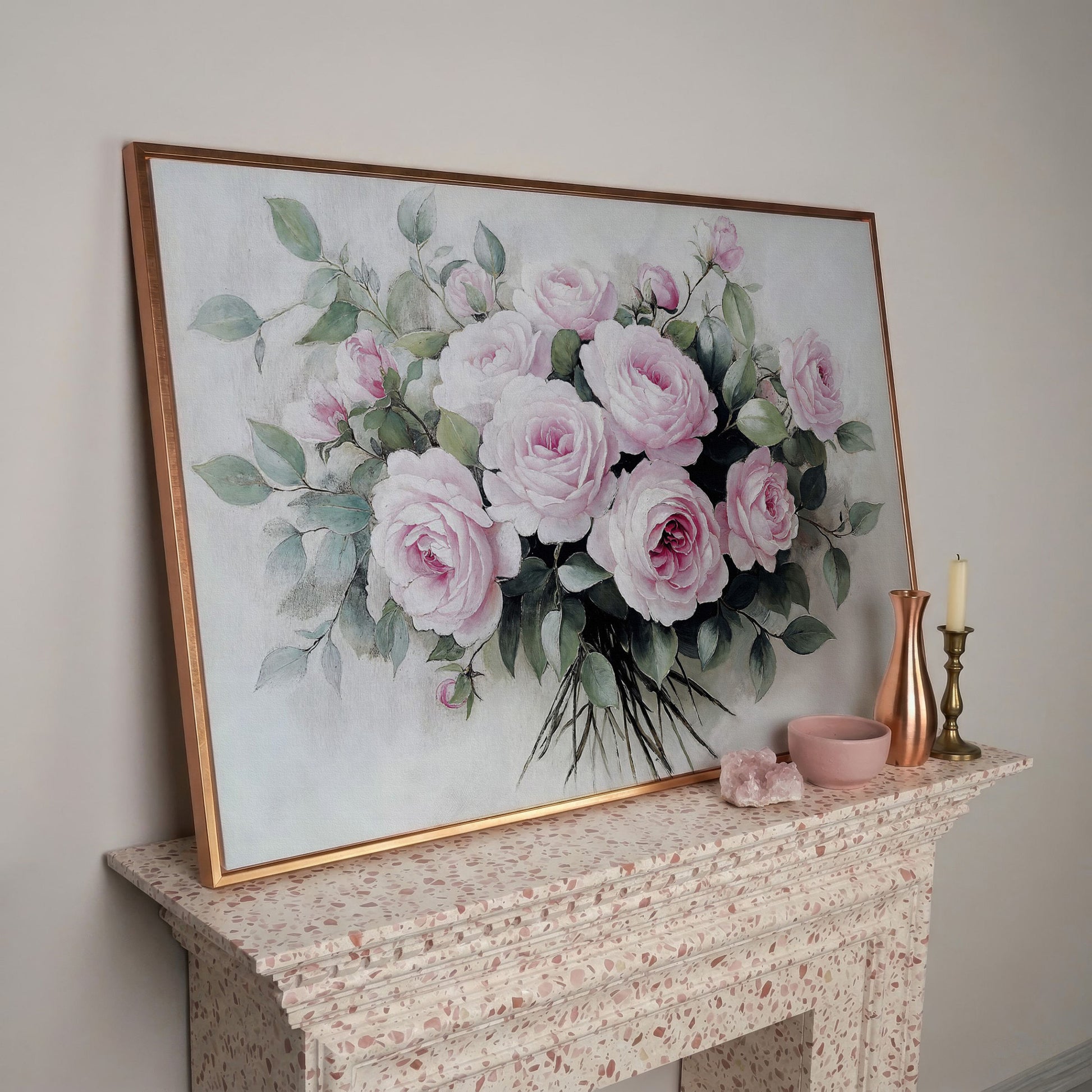 Pink Roses in Bloom Canvas Print in rose gold floating frame