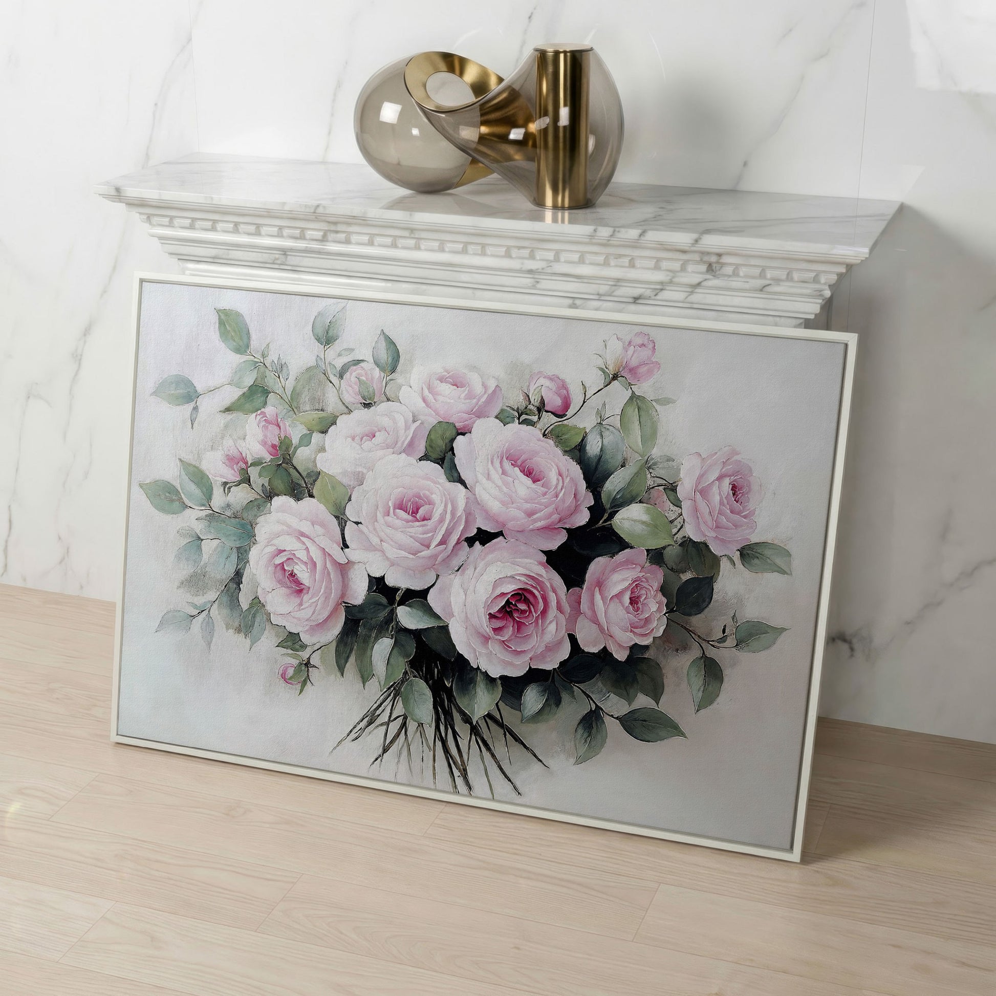 Pink Roses in Bloom Canvas Print in white floating frame