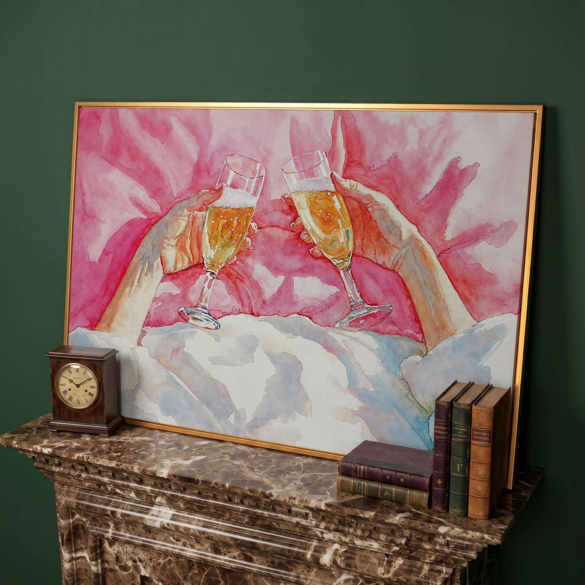 Champagne Toast Canvas Print, Blush & Gold in antique gold floating frame