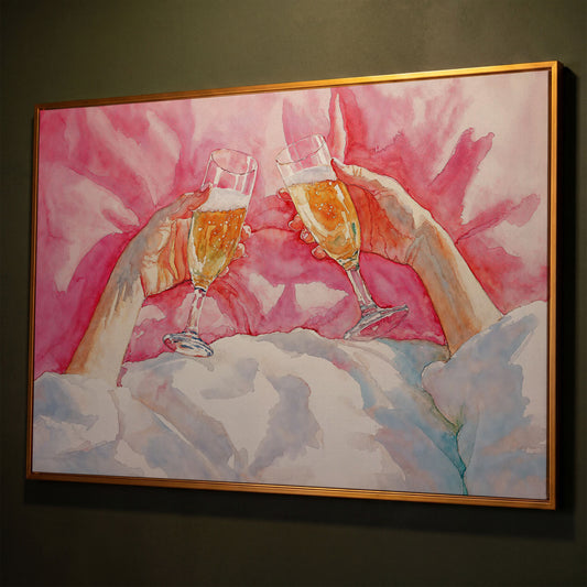 Champagne Toast Canvas Print, Blush & Gold shown in antique gold floating frame