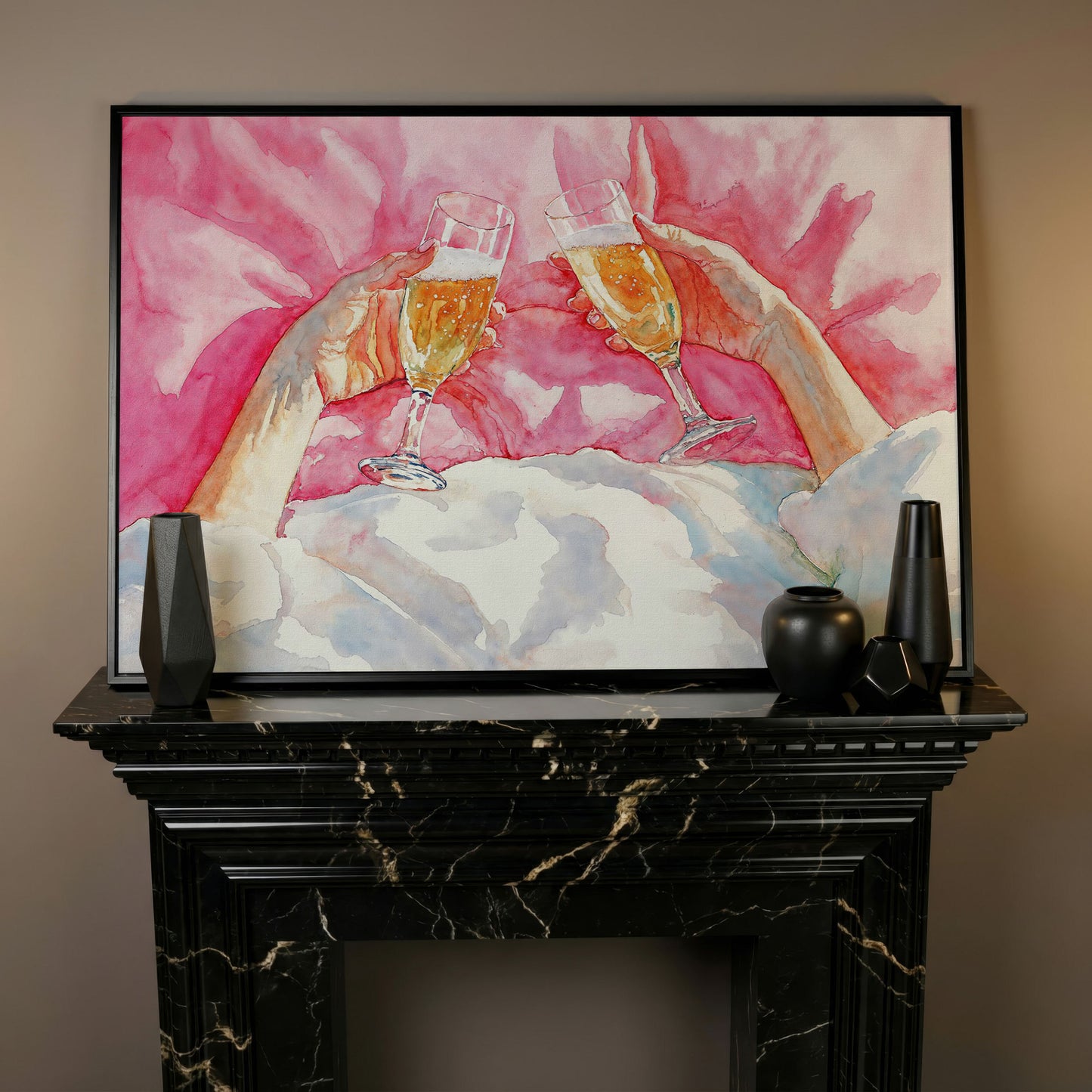 Champagne Toast Canvas Print, Blush & Gold in black floating frame