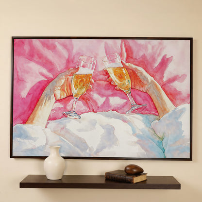 Champagne Toast Canvas Print, Blush & Gold in dark walnut floating frame