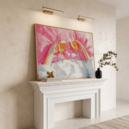 Champagne Toast Canvas Print, Blush & Gold in white oak floating frame