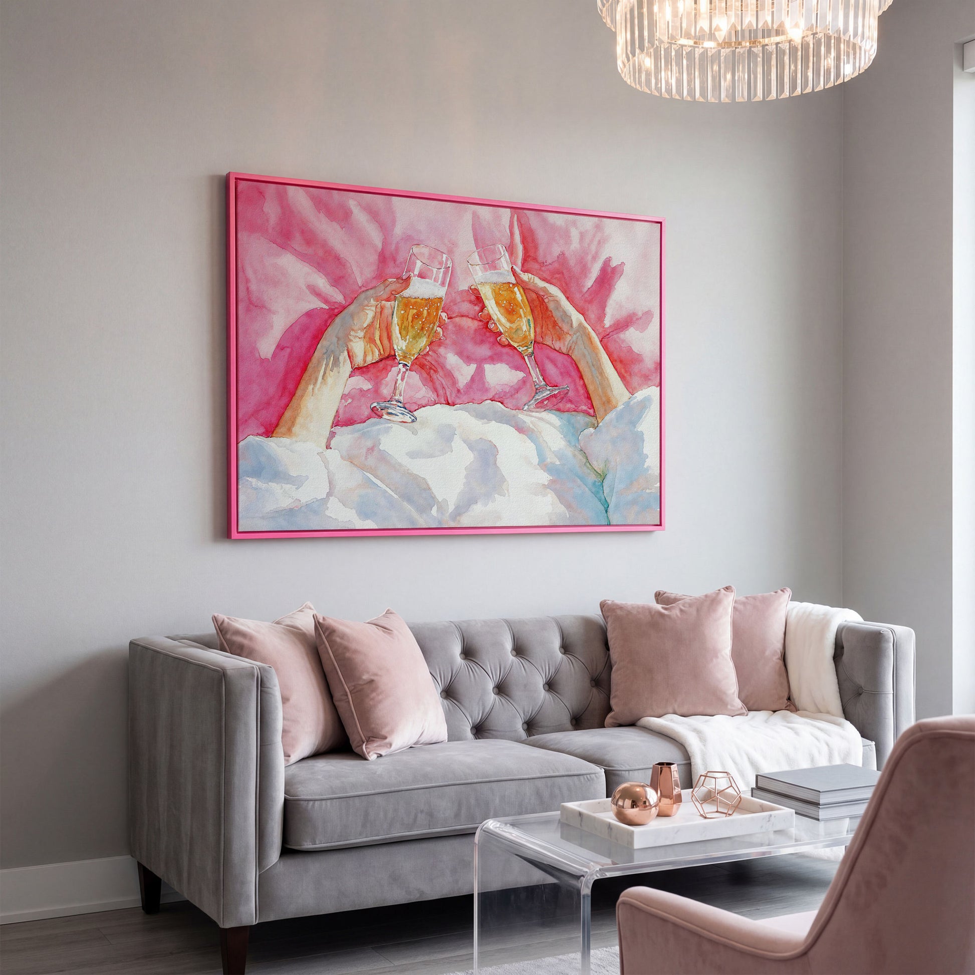 Champagne Toast Canvas Print, Blush & Gold in pink floating frame