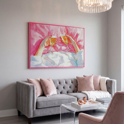 Champagne Toast Canvas Print, Blush & Gold in pink floating frame