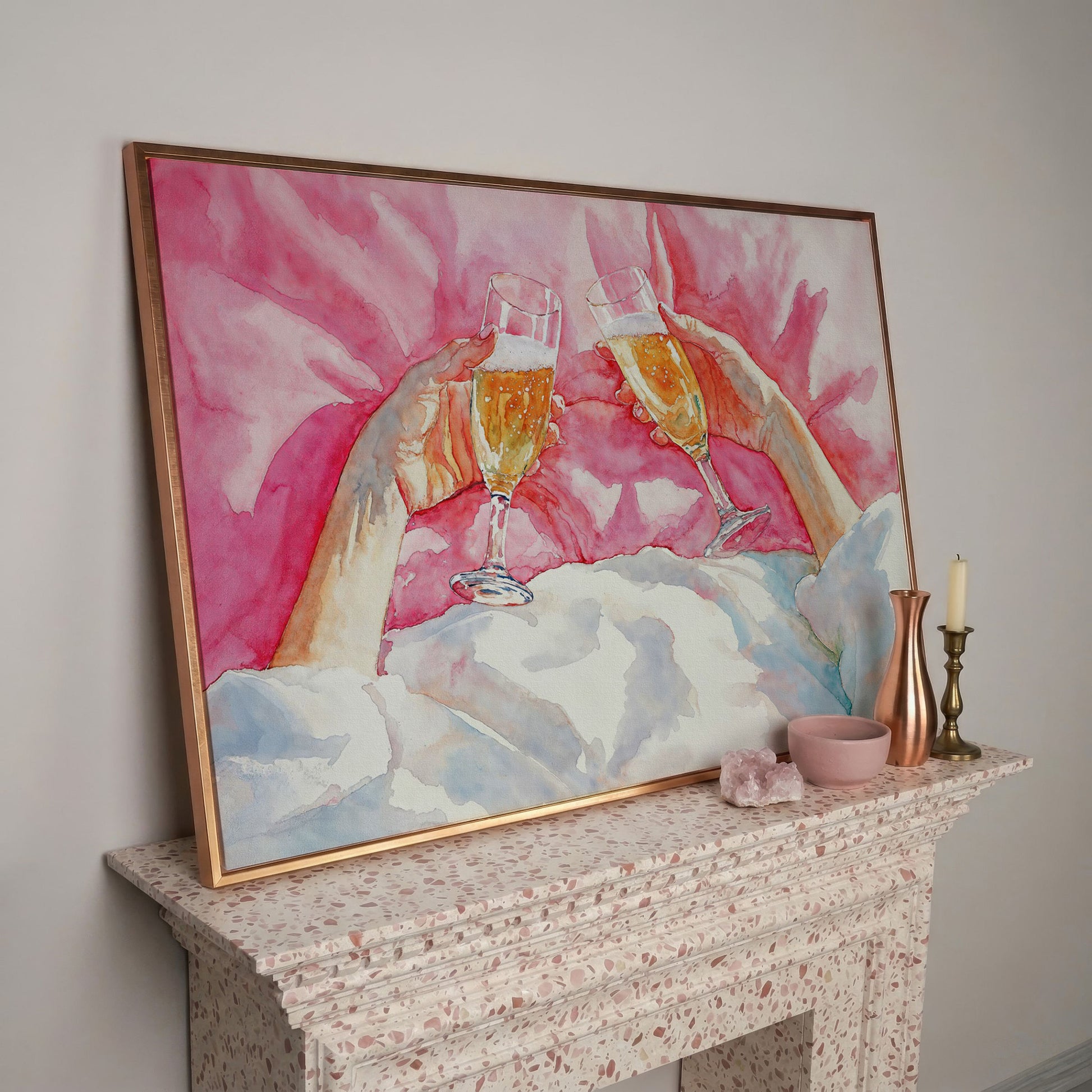 Champagne Toast Canvas Print, Blush & Gold in rose gold floating frame