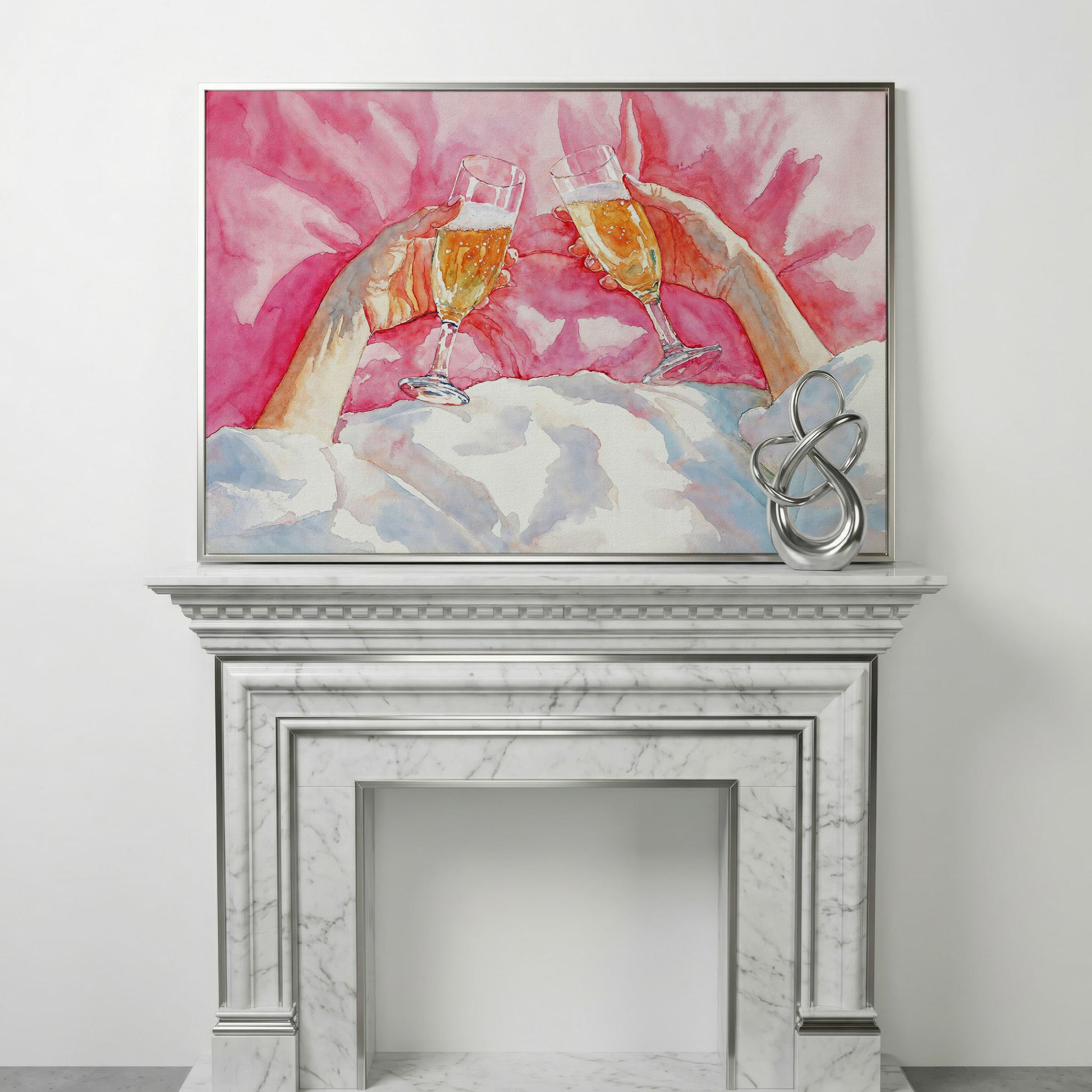 Champagne Toast Canvas Print, Blush & Gold in silver floating frame