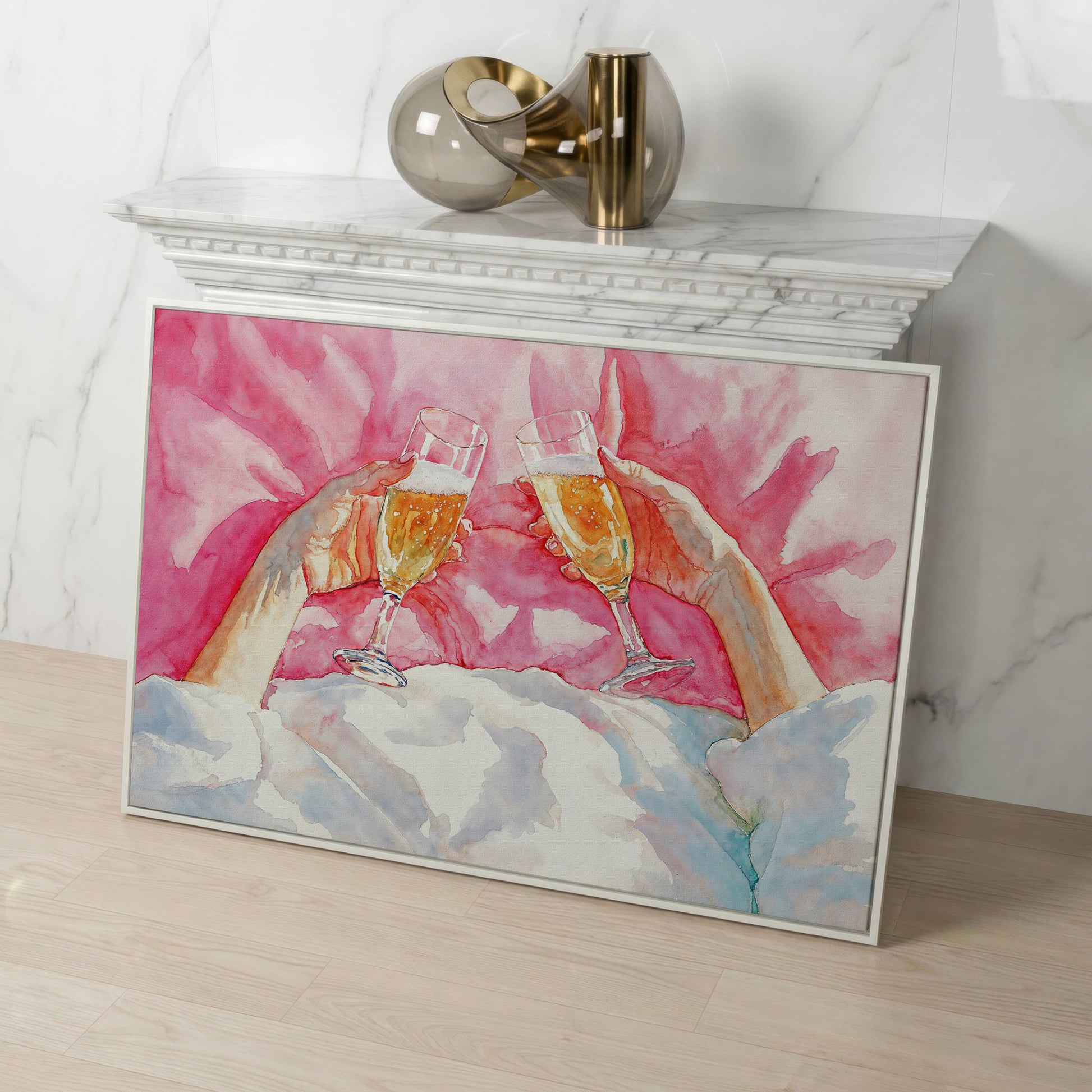 Champagne Toast Canvas Print, Blush & Gold in white floating frame
