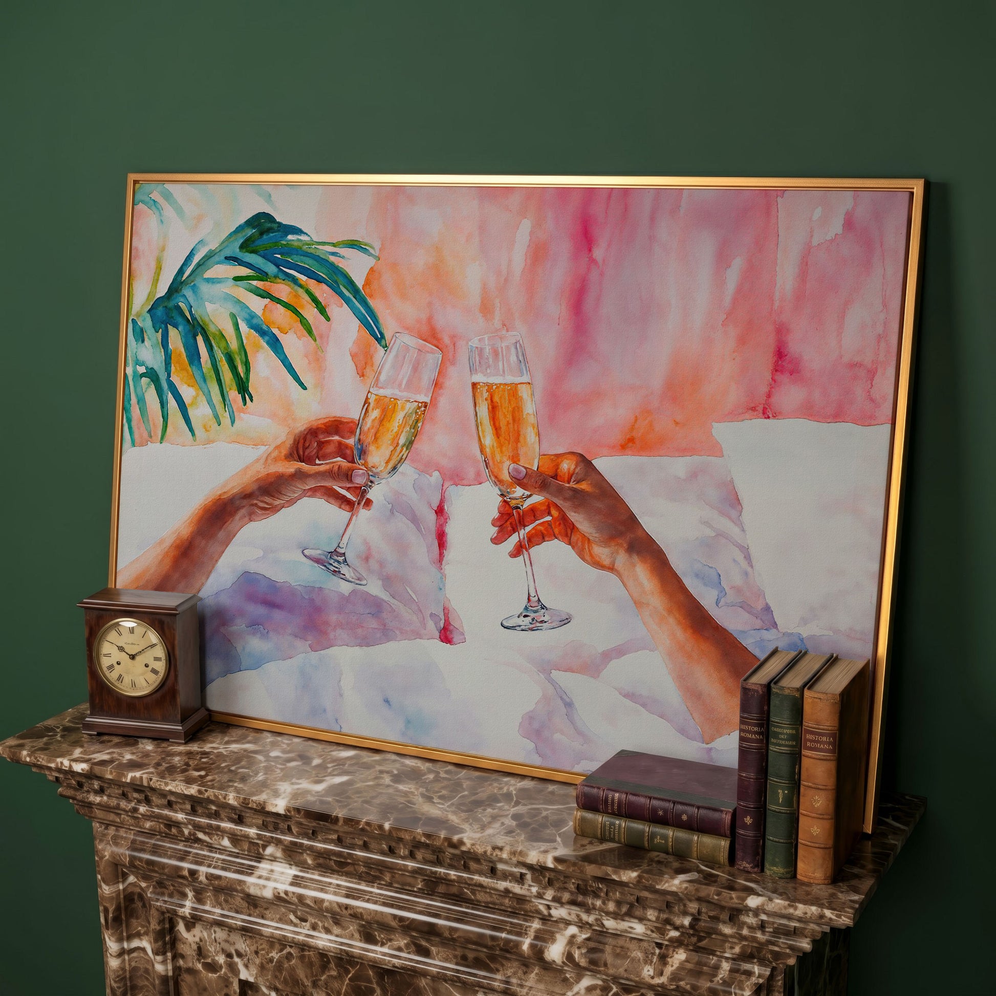 Champagne Toast: Abstract Pink & Teal Canvas in antique gold floating frame