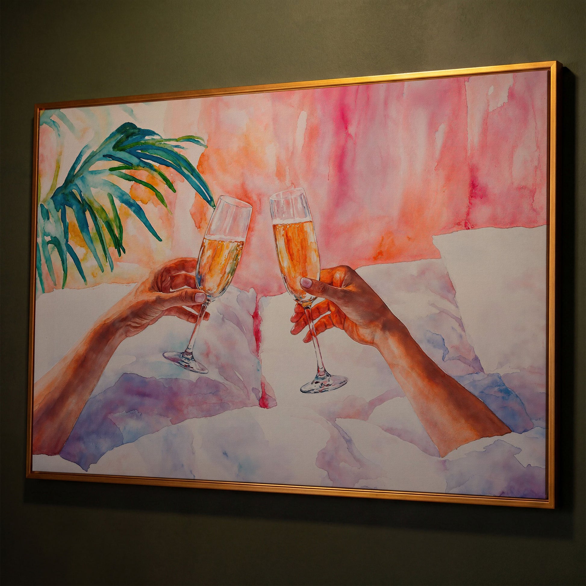 Champagne Toast: Abstract Pink & Teal Canvas shown in antique gold floating frame