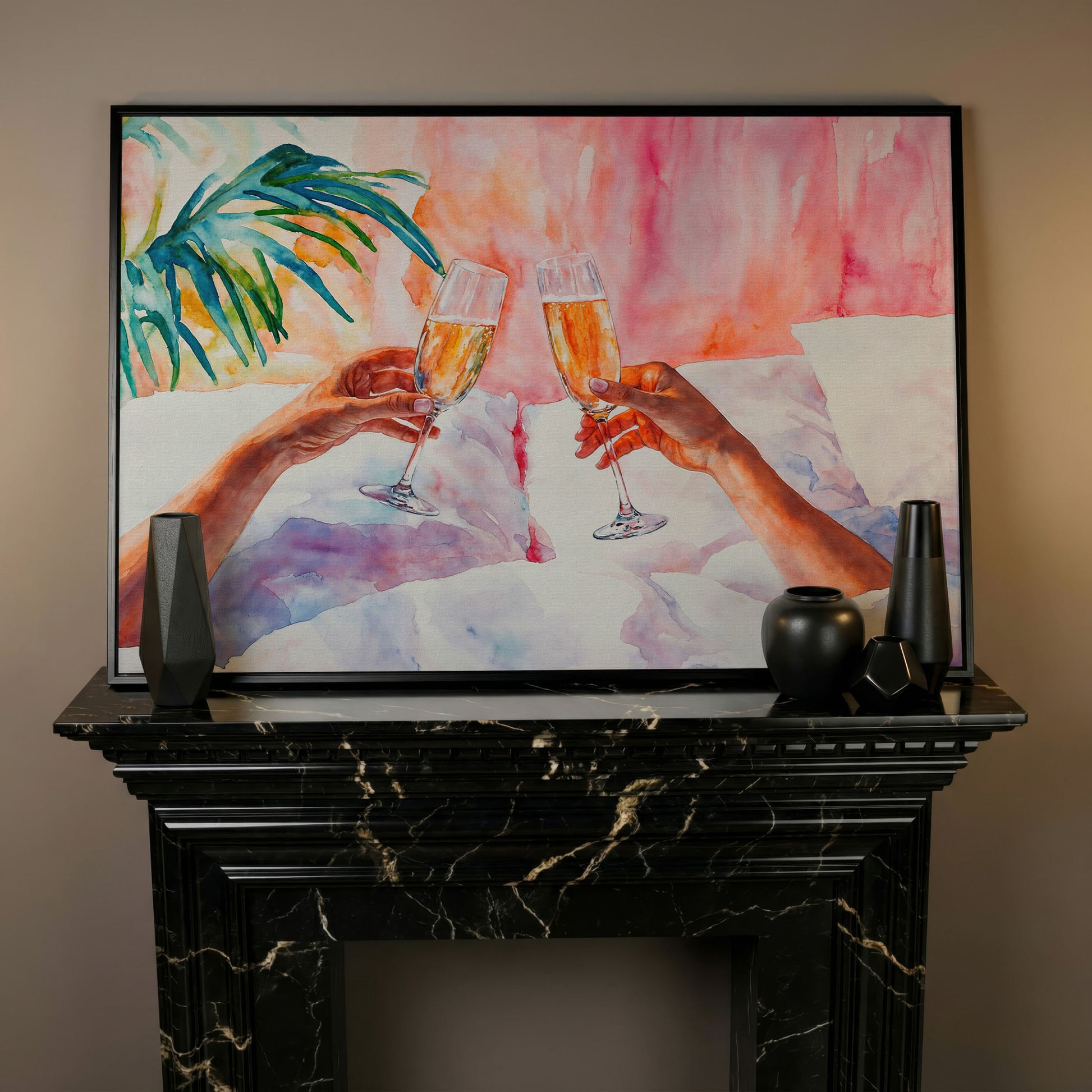 Champagne Toast: Abstract Pink & Teal Canvas in black floating frame