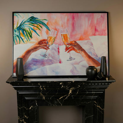 Champagne Toast: Abstract Pink & Teal Canvas in black floating frame