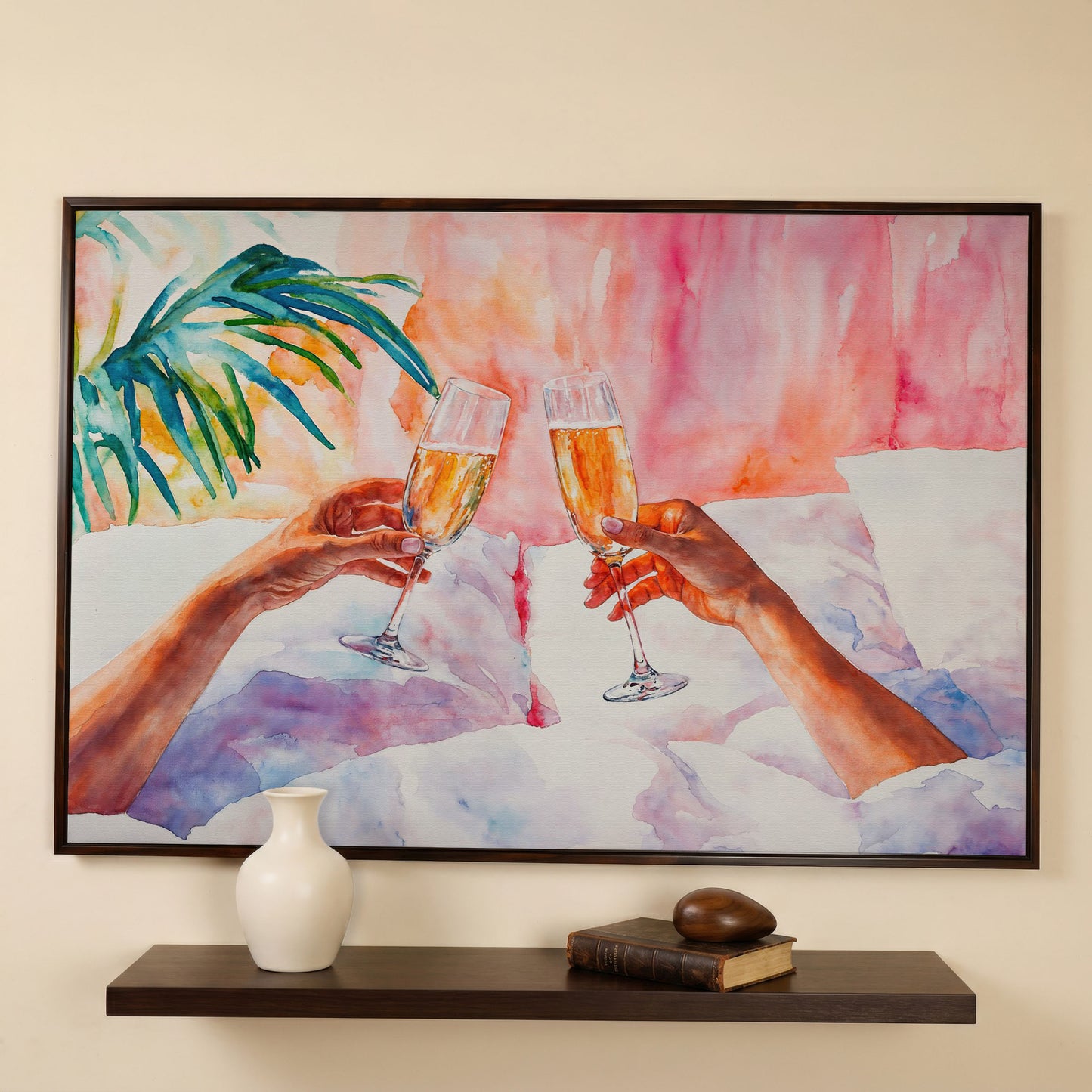 Champagne Toast: Abstract Pink & Teal Canvas in dark walnut floating frame