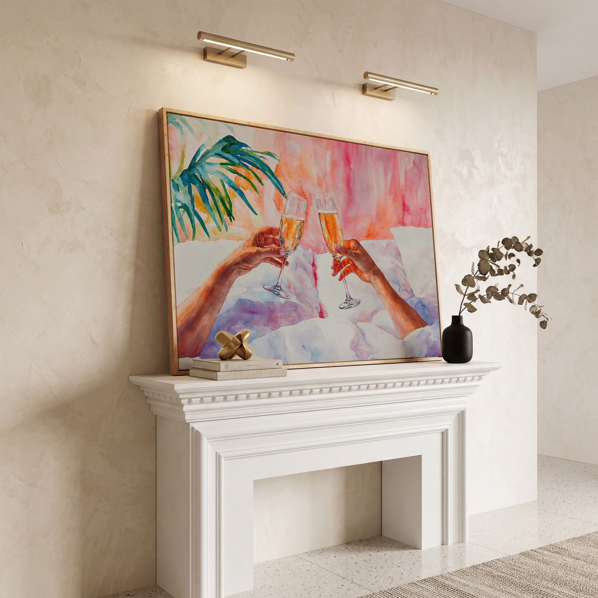 Champagne Toast: Abstract Pink & Teal Canvas in white oak floating frame