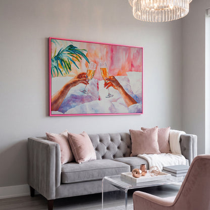 Champagne Toast: Abstract Pink & Teal Canvas in pink floating frame