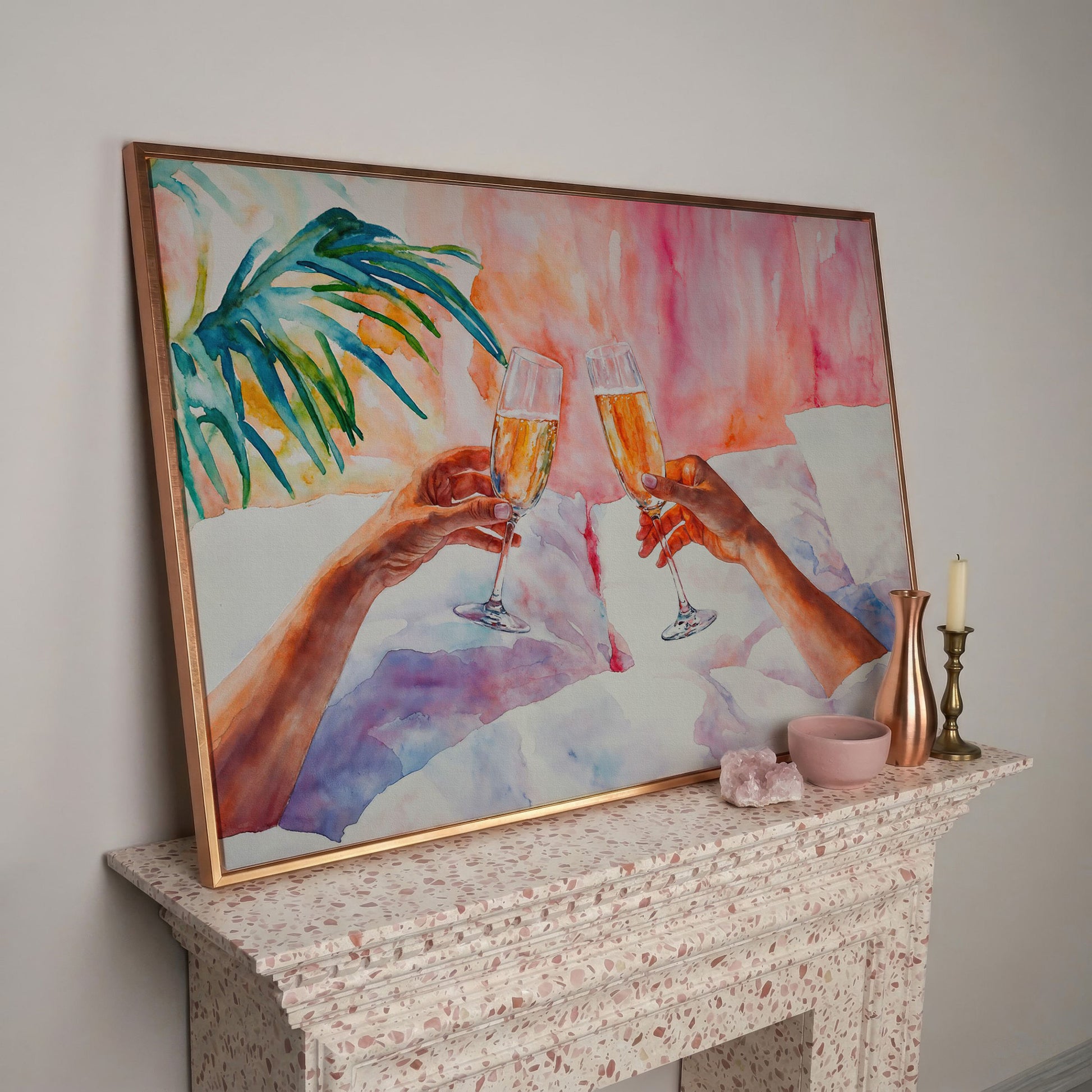 Champagne Toast: Abstract Pink & Teal Canvas in rose gold floating frame