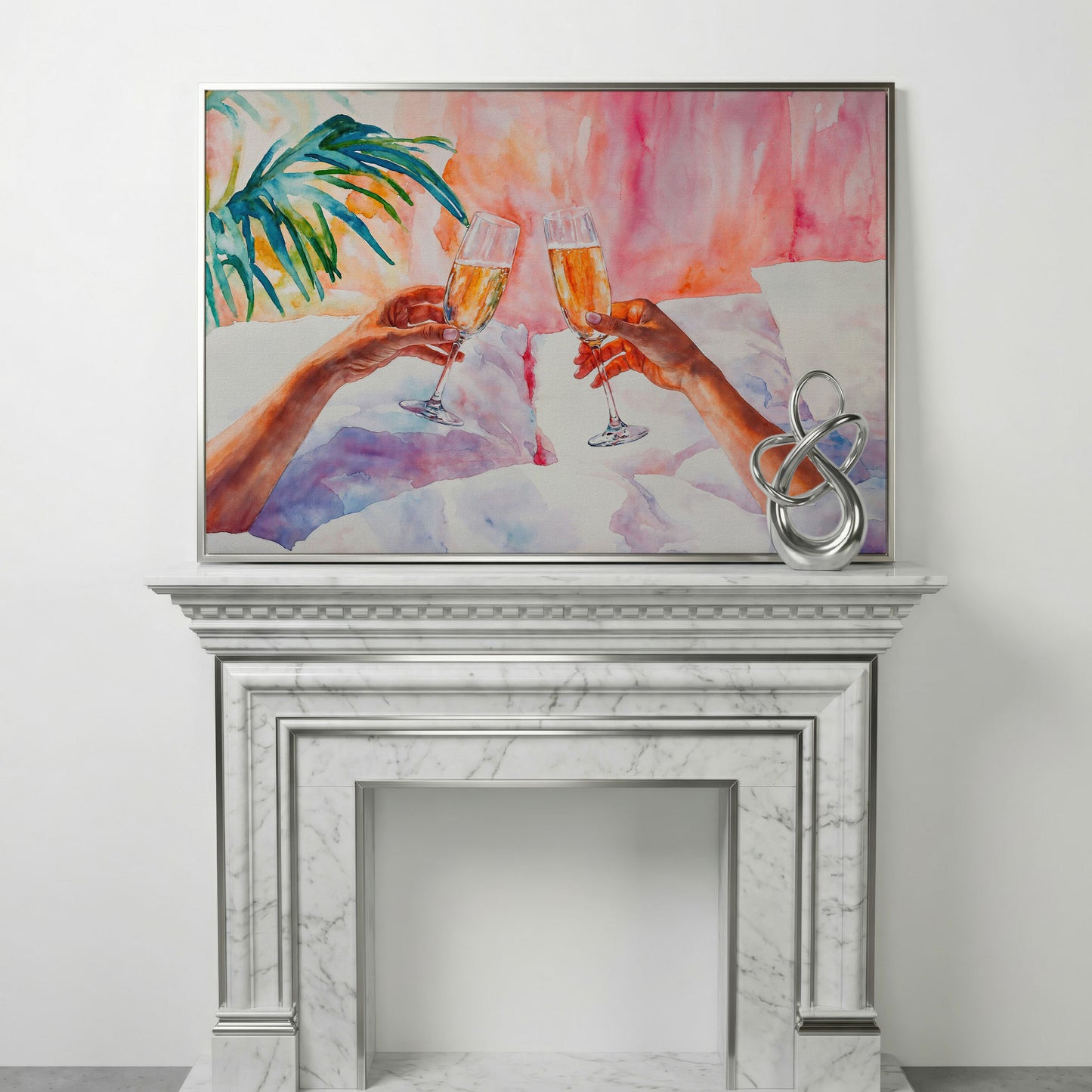 Champagne Toast: Abstract Pink & Teal Canvas in silver floating frame