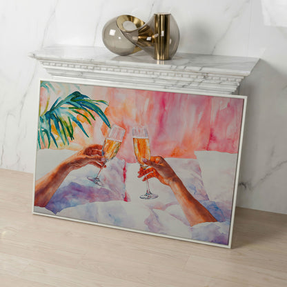 Champagne Toast: Abstract Pink & Teal Canvas in white floating frame
