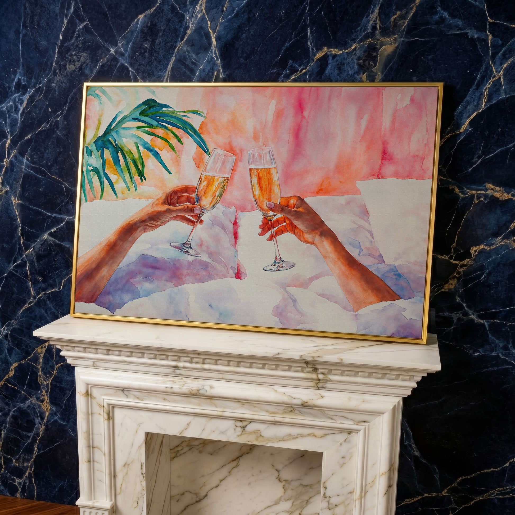 Champagne Toast: Abstract Pink & Teal Canvas in yellow gold floating frame