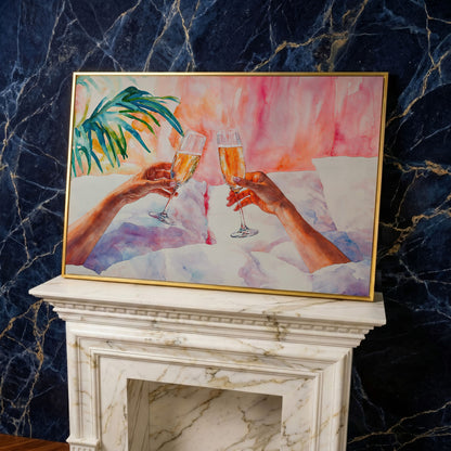 Champagne Toast: Abstract Pink & Teal Canvas in yellow gold floating frame