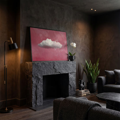 Single Cloud in Rose Quartz Sky Canvas in black floating frame