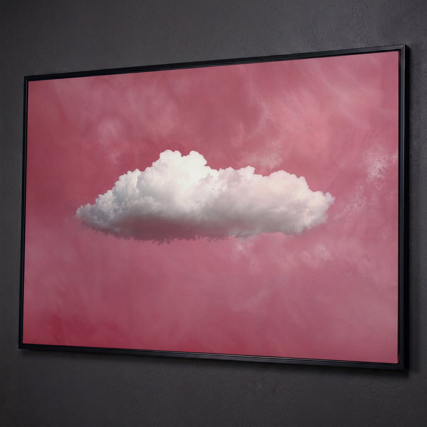 Single Cloud in Rose Quartz Sky Canvas shown in black floating frame