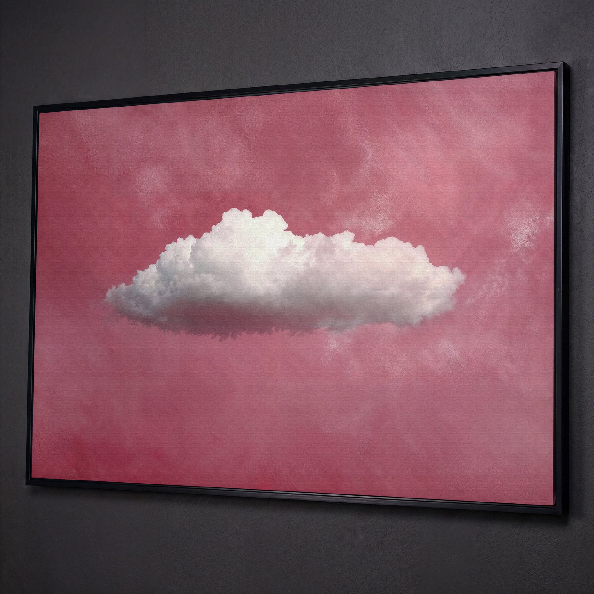 Single Cloud in Rose Quartz Sky Canvas shown in black floating frame