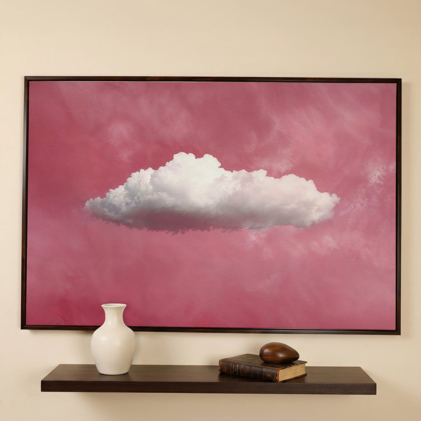 Single Cloud in Rose Quartz Sky Canvas in dark walnut floating frame