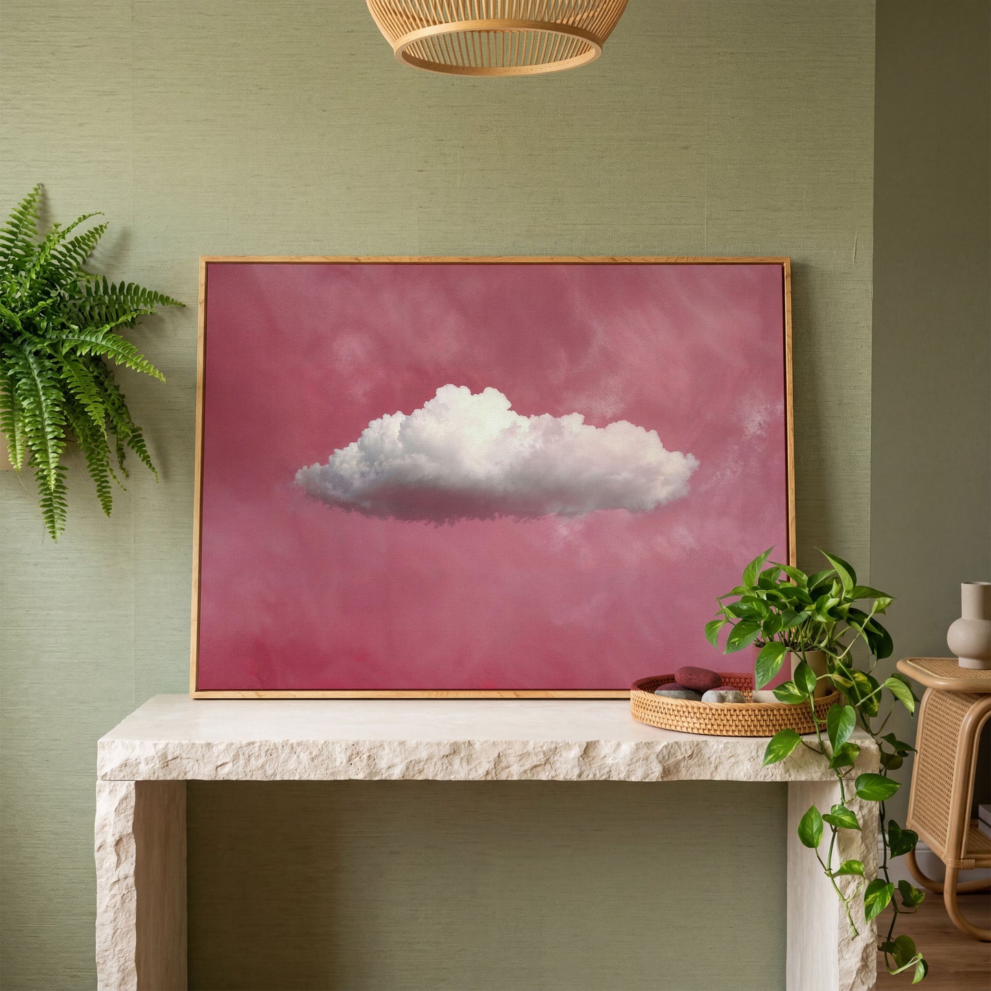 Single Cloud in Rose Quartz Sky Canvas in white oak floating frame