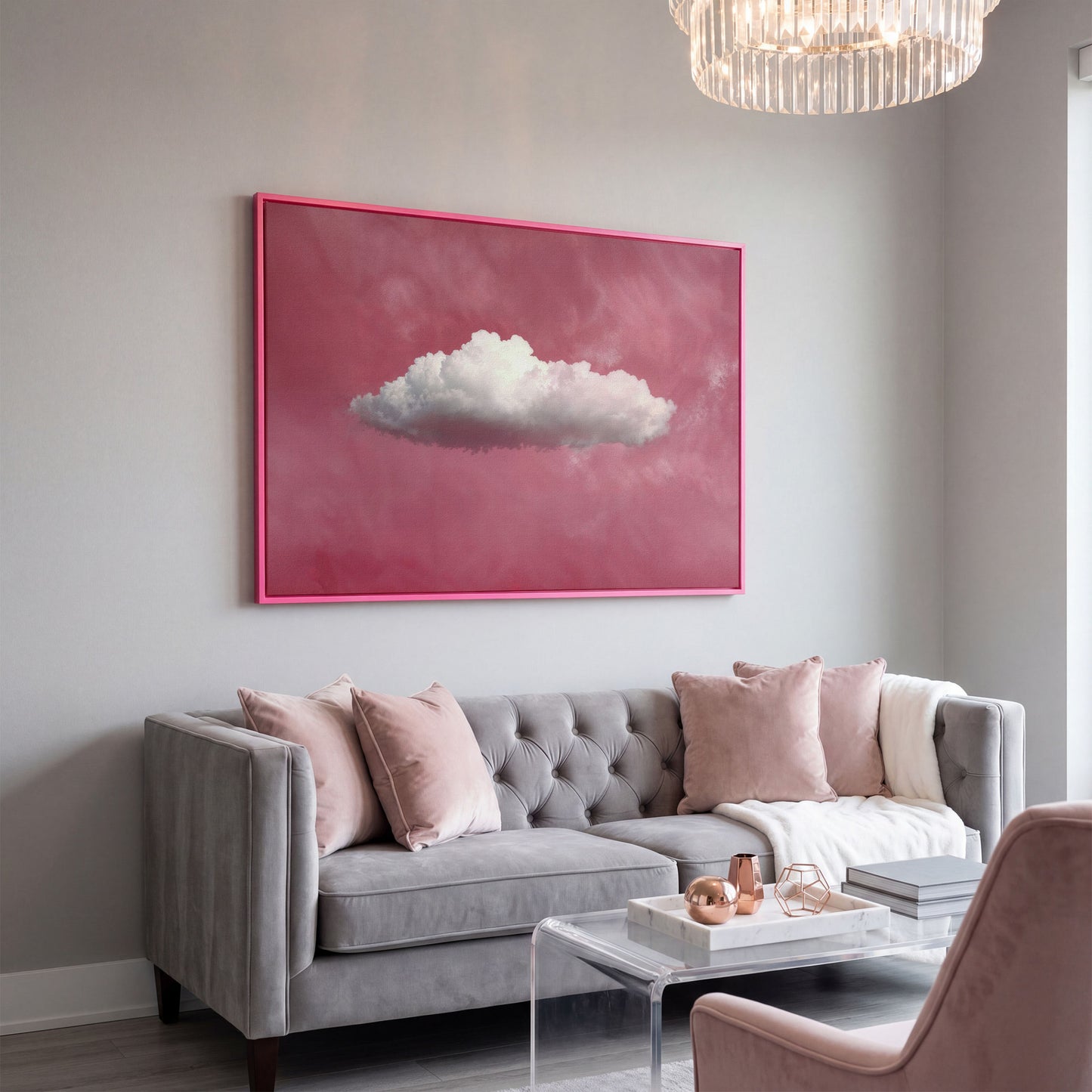 Single Cloud in Rose Quartz Sky Canvas in pink floating frame