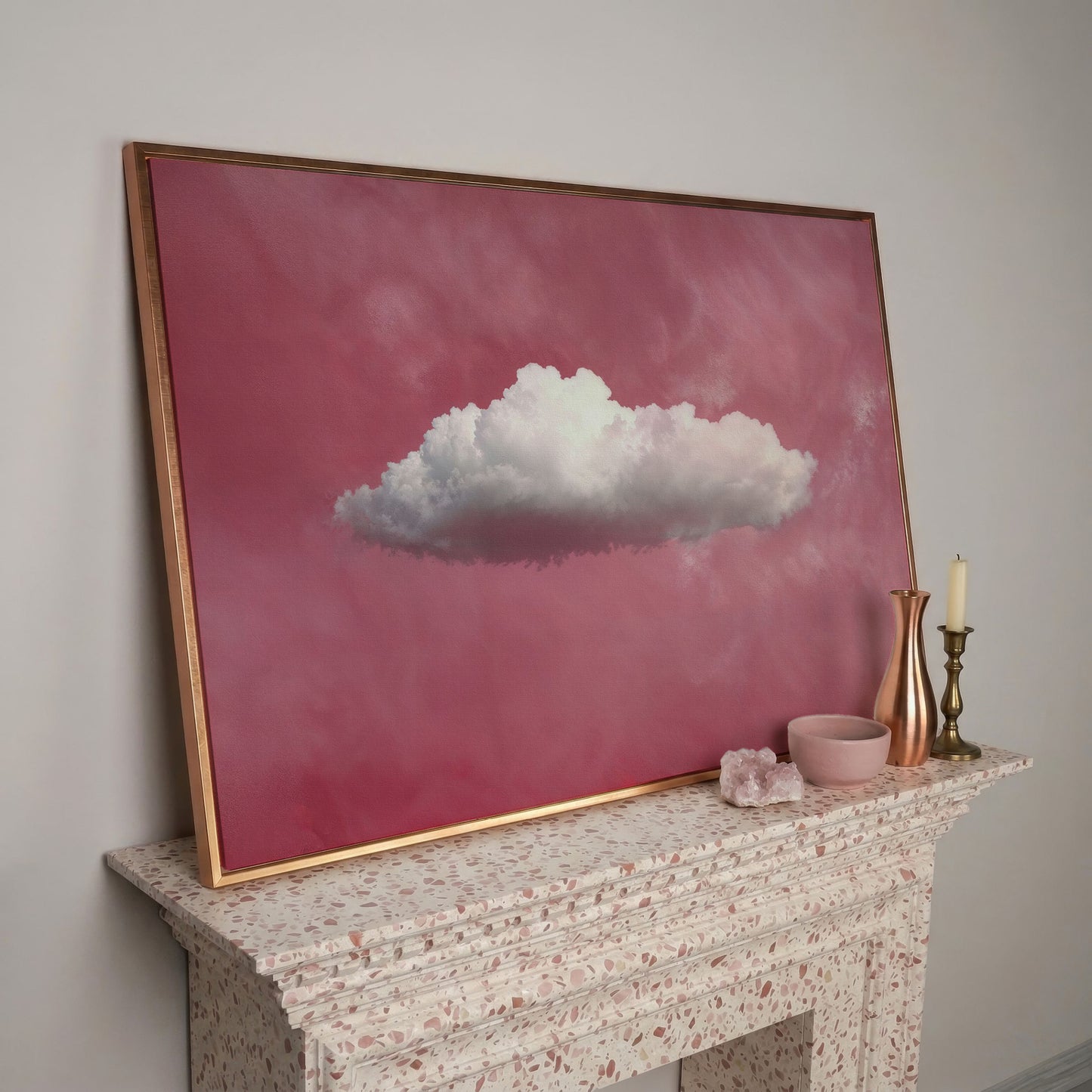 Single Cloud in Rose Quartz Sky Canvas in rose gold floating frame