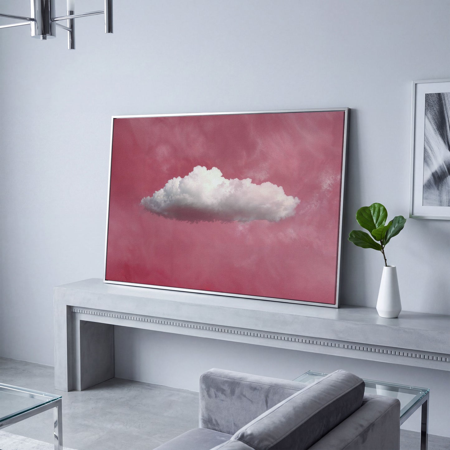 Single Cloud in Rose Quartz Sky Canvas in silver floating frame