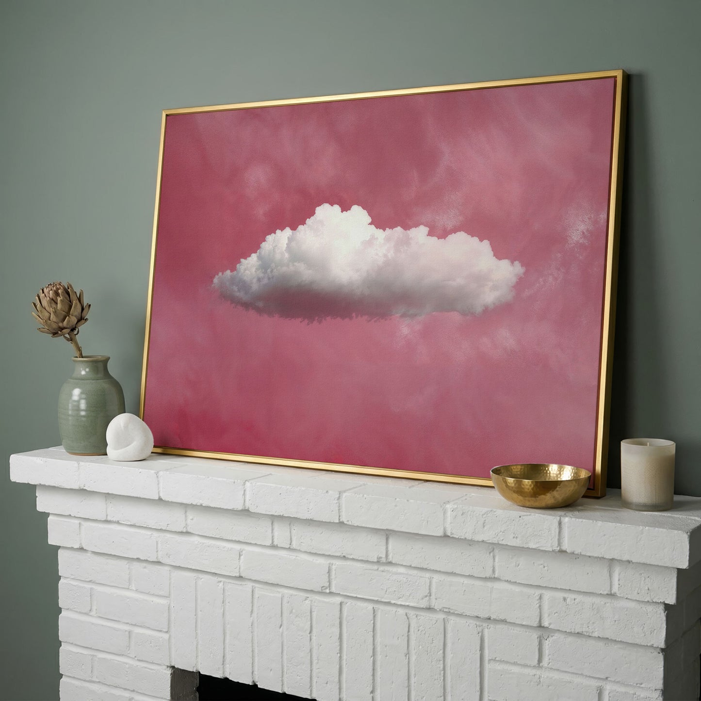 Single Cloud in Rose Quartz Sky Canvas in yellow gold floating frame