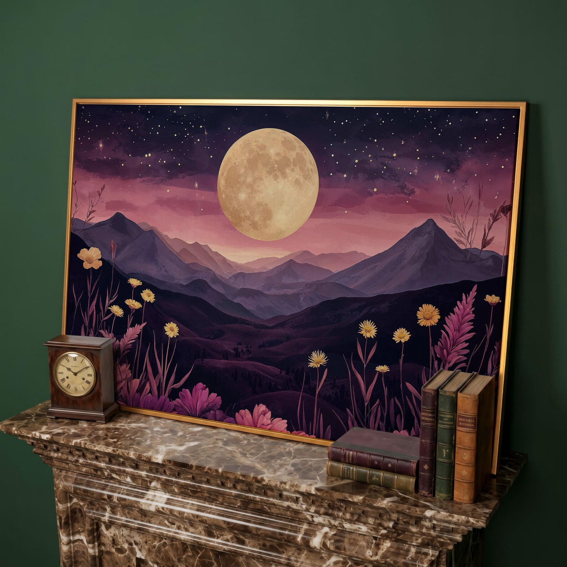 Dreamy Pink Moonlit Mountains Canvas Print in antique gold floating frame
