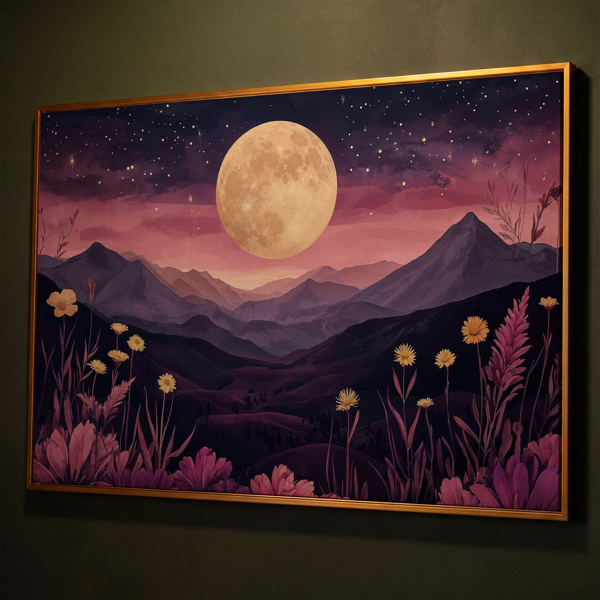 Dreamy Pink Moonlit Mountains Canvas Print shown in antique gold floating frame