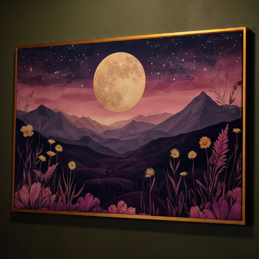 Dreamy Pink Moonlit Mountains Canvas Print shown in antique gold floating frame