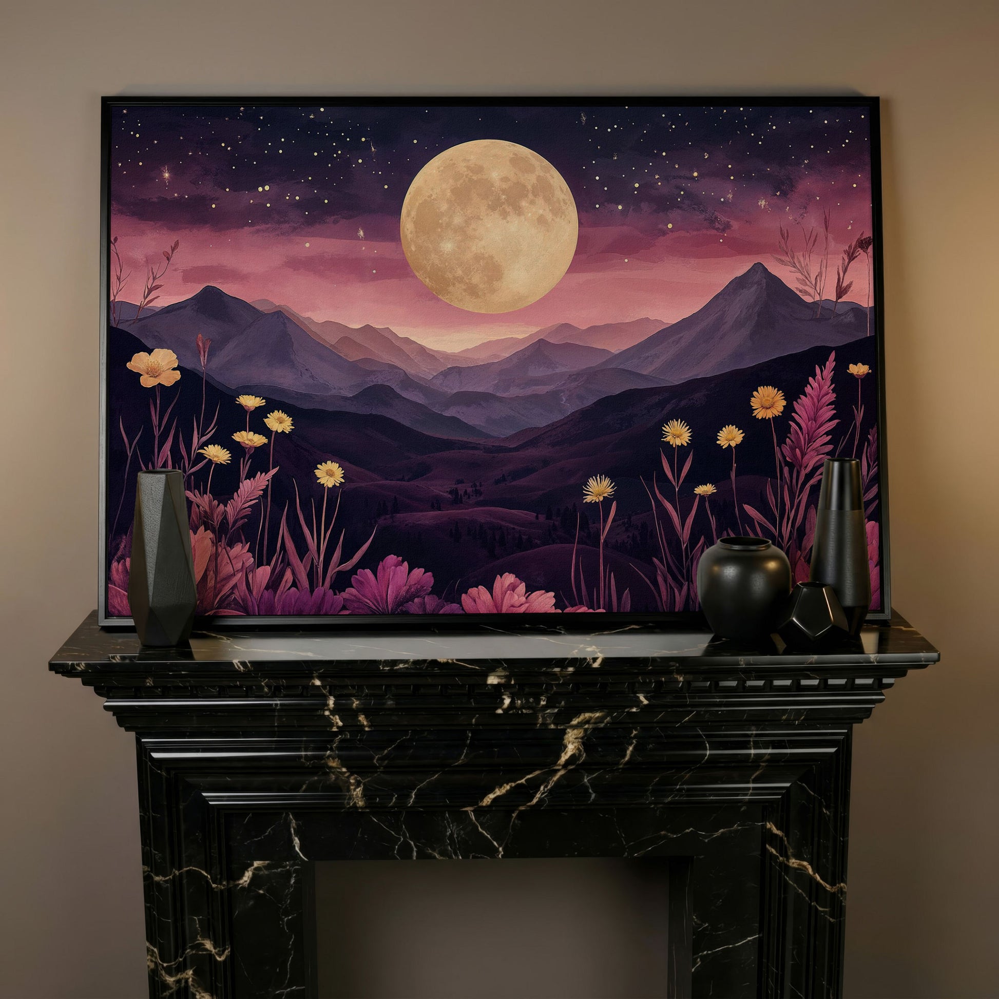 Dreamy Pink Moonlit Mountains Canvas Print in black floating frame