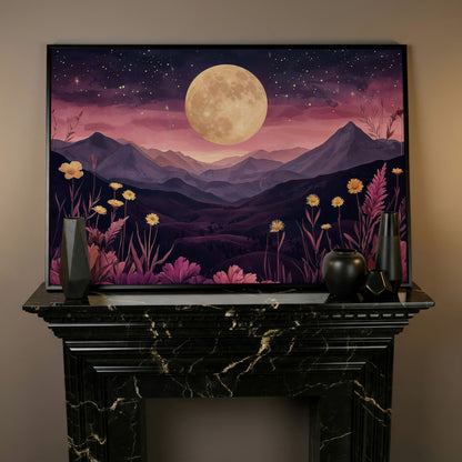 Dreamy Pink Moonlit Mountains Canvas Print in black floating frame