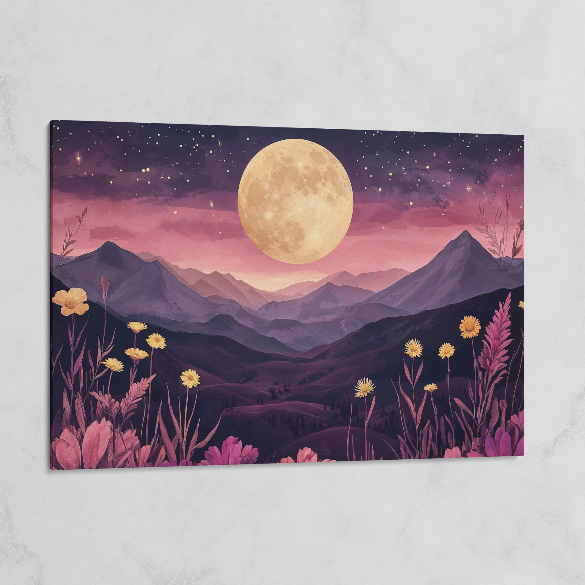 Dreamy Pink Moonlit Mountains Canvas Print on gallery wrap