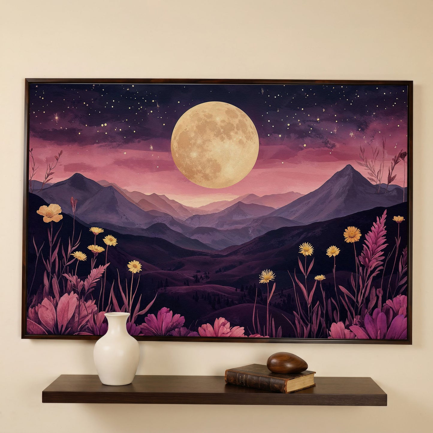 Dreamy Pink Moonlit Mountains Canvas Print in dark walnut floating frame